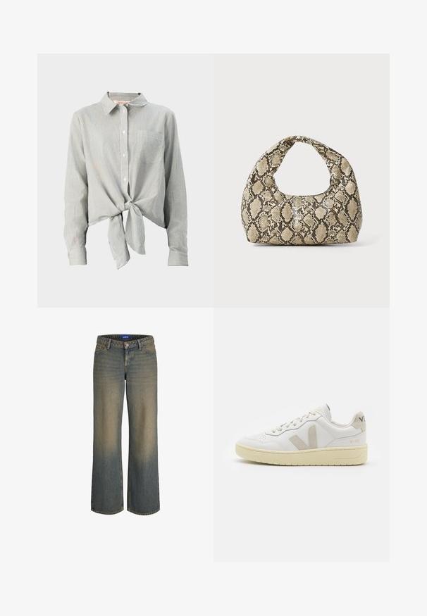 Zöld és fehér csíkos, gombos ing, elöl megkötő résszel, hosszú ujjakkal és egy mellzsebbel. Könnyű anyagból készült.; Széles lábú kék farmernadrág, világosról sötétre gradációval, ötpocketos kialakítással és gombos záródással. Varrott részletek a széleken.; Fehér bőr sneaker bézs velúr részletekkel, perforált orr résszel, lapos fűzőkkel és textúrált krémszínű talppal. Finom márkajelzés található a sarkán.; Kígyómintás kézitáska ívelt fogantyúval. Texturált, bézs és barna anyagból készült, jellegzetes gyémántmintával.