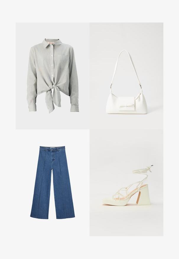 Knapp-up skjorta i grön och vit randig, med en knytning framtill, långa ärmar och en bröstficka. Tillverkad av lättviktigt tyg.; Vidbenade denimjeans i medelblått, med hög midja, knäppning och kontrasterande vertikala sömdetaljer längst fram.; Vit högklackad sandal med en kraftig klack, med ett remdesign och ankelband. Slät textur med en plattform framtill för ökad höjd.; Vit syntetisk handväska med triangulär form, platt framklaff och rosettdetalj, justerbar rem, slät textur och minimalistisk design.