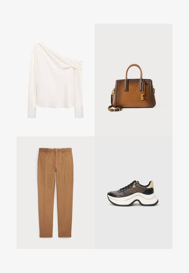 Top z dolgimi rokavi in brez naramnic iz mehkega belega blaga. Ima drapirano zasnovo in zategnjene rokave, gladko teksturo in rahlo sijaj.; Rjave bombažne hlače s slim-fit obliko, ravnim sprednje delom in standardnimi žepi; gladka tekstura in obrobljeni robovi.; Masivne superge z rjavim vzorčastim blagu, črnimi usnjenimi akcenti, zlatimi detajli in pretirano belim podplatom s črnim obrobjem.; Rjava usnjena torbica z dvema zgornjima ročajema, odstranljivim naramnicam, zlatim okovjem in dekorativnim čarom s črkami "MK."