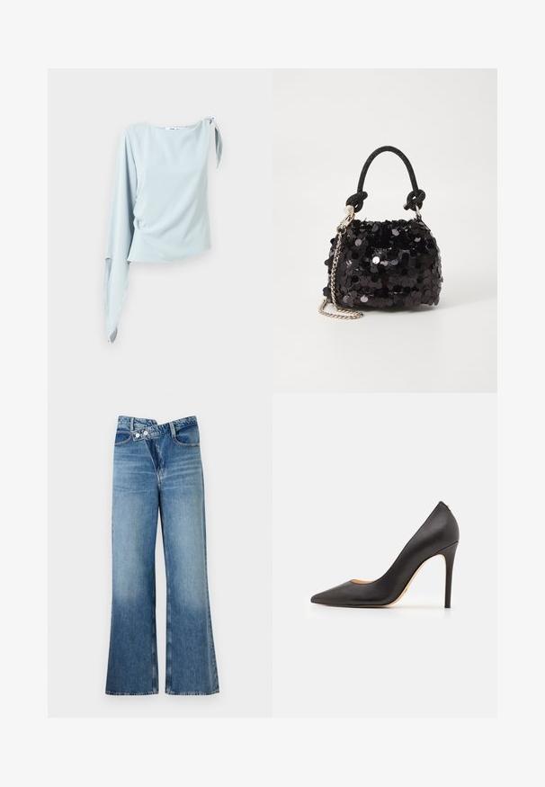 Top blu chiaro a spalla singola realizzato in tessuto liscio con un accento annodato sulla spalla. Presenta maniche lunghe e fluenti e una vestibilità ampia.; Jeans a zampa d'elefante in denim blu chiaro con vita alta, dotati di due bottoni e tasche frontali. Il tessuto ha una texture sbiadita con variazioni sottili.; Décolleté nera in pelle con tacco alto, punteggiato e dalla texture liscia, caratterizzata da un tacco sottile e un design minimalista.; Mini borsa a tracolla nera in paillettes con una tracolla texturizzata annodata e catena argentata. Forma rotonda con parte superiore arricciata e dettagli riflettenti.