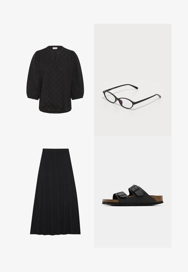 Kaffe Blus - black deep; Svart maxi kjol i mjukt, flödande tyg. Den har resår i midjan och en full A-linjeformad siluett med en slät yta.; Svart tvåremmad sandal med justerbara spännen, kork fotbädd och texturerad gummisula. Har en platt, öppen design för enkel användning.; Svarta plastglasögon med oval form, utrustade med klara linser och en lila accent på vänstra linsen. Snygg, minimalistisk design.