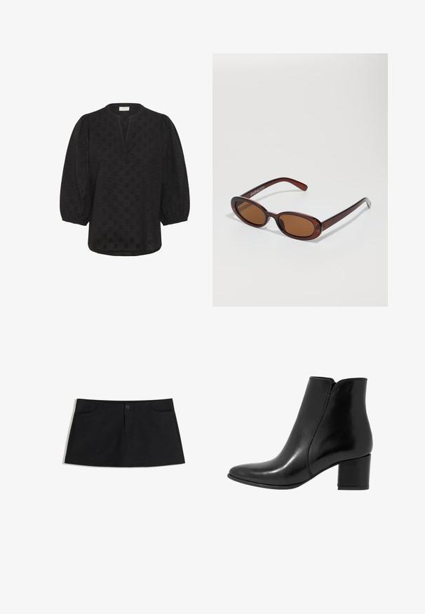 Kaffe Blouse - black deep; Black, knee-length skirt made of soft fabric. Features two front pockets and a single button closure at the waist.; Anna Field LEATHER - Classic ankle boots - black; Round, brown-tinted sunglasses with a glossy burgundy frame. Slim arms with subtle branding detail. Flat lens design.