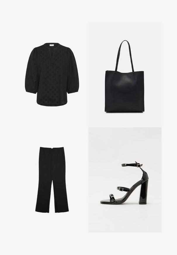 Kaffe Camicetta - black deep; Pantaloni neri a gamba dritta, con tasche frontali e spacchi laterali all'orlo. Realizzati in tessuto morbido e liscio. Adatti a diverse occasioni.; Sandali con tacco in vernice nera, con punta squadrata, cinturini alla caviglia e fibbie in argento. Presentano un tacco a blocco spesso per maggiore stabilità.; Borsa tote in pelle nera con texture liscia, forma rettangolare e due manici lunghi. Nessun hardware o decorazione visibile.