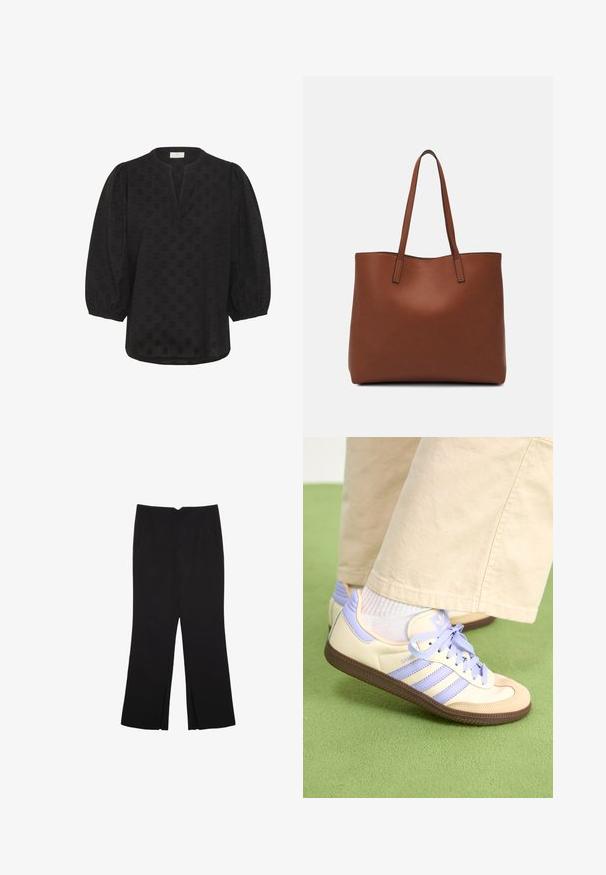 Kaffe - Bluzka; Czarne spodnie o prostym kroju, z przednimi kieszeniami i bocznymi rozcięciami na dole. Wykonane z miękkiego, gładkiego materiału. Odpowiednie na różne okazje.; Kremowe i lawendowe trampki z trzema paskami oraz teksturowaną brązową podeszwą, wyposażone w sznurówki i wyścieloną piętę. Górna część z miękkiego materiału.; Brązowa skórzana torba tote o gładkiej fakturze, z otwartym wierzchem i dwoma ramiączkami. Charakteryzuje się minimalnym przeszyciem i brakiem widocznych elementów metalowych.