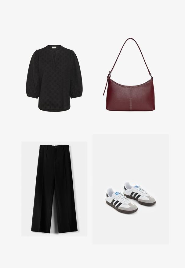 Kaffe Blouse - black deep; Pantalons larges noirs en tissu léger, avec une fermeture à bouton à l'avant et un devant plat, dotés d'ourlets soigneusement cousus.; Baskets avec une tige en cuir blanc, un bout en daim gris et trois bandes noires. Présente un logo bleu sur la languette et une semelle en caoutchouc texturée.; Sac à main en cuir bordeaux avec une forme arrondie, une bandoulière unique et des coutures au centre. Texture lisse, matériel minimal.