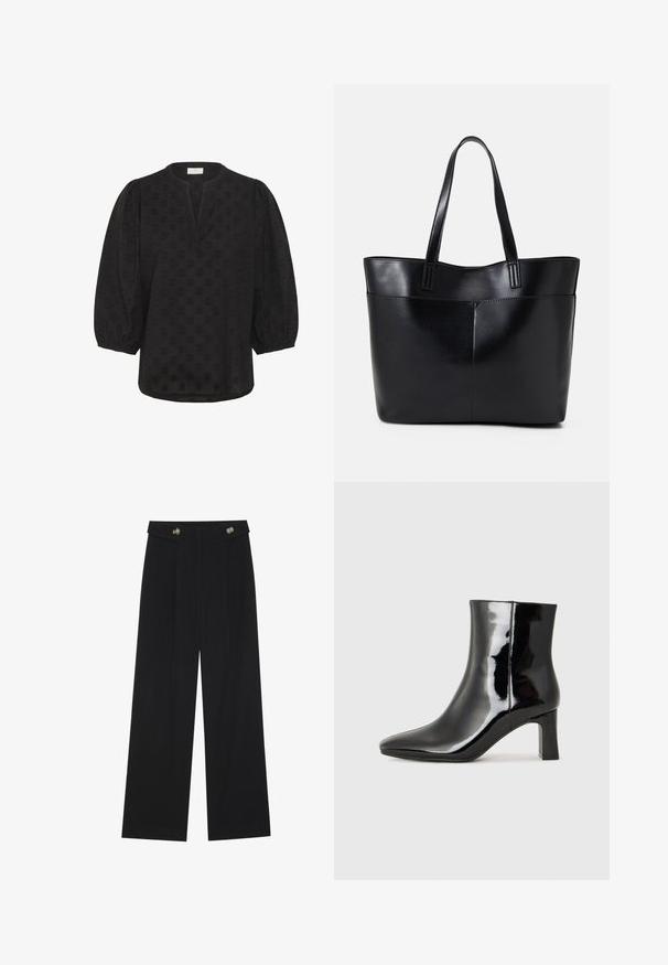 Kaffe Blouse - black deep; Black wide-leg trousers with high waist, button details on waistband, and front pleats.; Black patent leather ankle boot with a pointed toe and a mid-height block heel. Smooth texture and minimalist design.; Black leather tote bag with two long handles, a smooth texture, and a structured shape. Features a front pocket for additional storage.