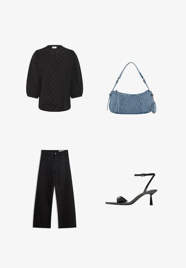 Kaffe Blouse - black deep; Pantalon en denim noir à jambes larges avec une taille haute, comprenant des poches avant et arrière, des coutures piquées et une fermeture à bouton. Texture lisse.; Bershka Sandales à talons hauts - black; Sac en denim de forme incurvée, couleur bleu clair, avec une bandoulière réglable et une petite pochette détachable avec des accents métalliques.
