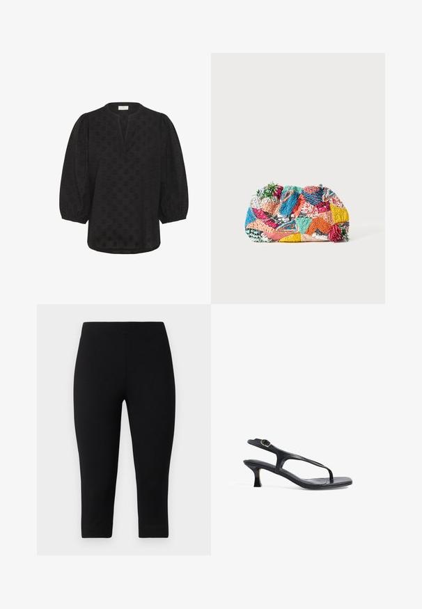 Kaffe Blúzka - black deep; Čierne 3/4 legíny vyrobené z elastického materiálu, s priliehavým strihom a hladkou textúrou, bez viditeľných vzorov alebo akcentov.; Čierne kožené sandále s elegantným dizajnom, tenkými popruhmi a nízkym podpätkom. Obsahujú kovovú sponu a hladký, textúrovaný stielku.; Farebná pletená kabelka s rôznymi vzormi v ružovej, modrej, zelenej a žltej farbe, s textúrovanými ozdobami a dekoratívnymi akcentmi.
