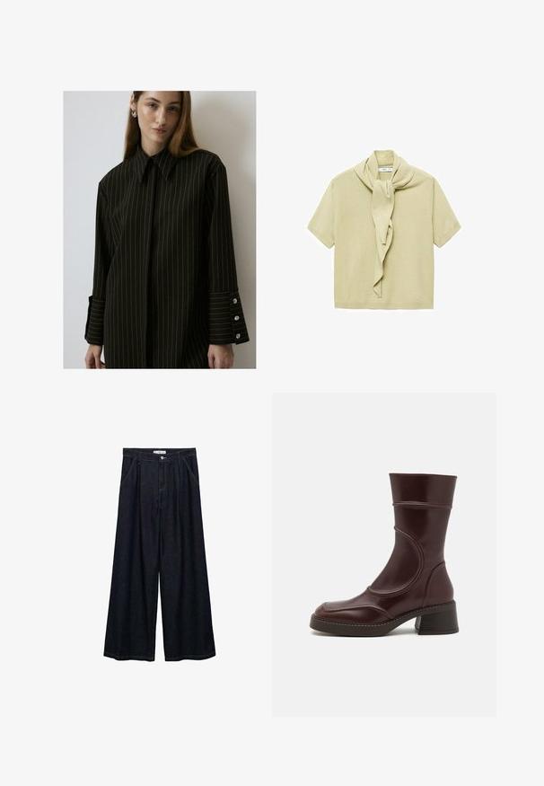 Sort skjorte med striber, struktureret krave, lange ærmer, knappede manchetter med tre knapper, glat stof. Renset, skræddersyet design.; Lys beige kortærmet striktop med fastgjort tørklædsdetalje draperet omkring halsudskæringen.; Mørk denim bredbenede bukser med høj talje, der har en frontlukning med knap, to sidelommer og syningsdetaljer.; MIISTA MALENE - Støvletter - brown