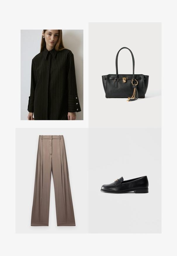 Sort skjorte med striber, struktureret krave, lange ærmer, knappede manchetter med tre knapper, glat stof. Renset, skræddersyet design.; Hvid kortærmet T-shirt lavet af bomuld, med korte ærmer og "MICHAEL KORS" logo i matchende broderet tekst over fronten.; Bredde ben bukser i en afdæmpet taupe farve, lavet af glat stof med satinfinish. Har en skræddersyet talje og subtile plisseringer.; Sort læder loafers med lav hæl og guld dekoreret emblem på remmen, præsenteret på en ensfarvet lys grå baggrund.; Sort læder skuldertaske med dobbelte håndtag, guld lås og kædedetalje samt sort-hvid kvast tilbehør mod hvid baggrund.