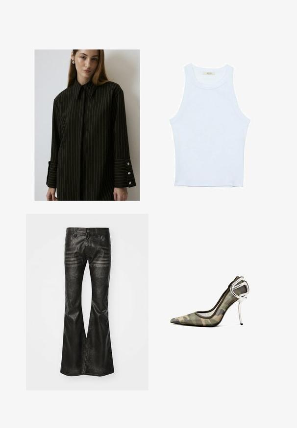Black pinstripe shirt, structured collar, long sleeves, buttoned cuffs with three buttons, smooth fabric. Clean, tailored design.; White tank top, ribbed texture, round neckline, sleeveless design, fitted shape, subtle branding on the label inside the collar area.; Black leather flared pants with front pockets, visible stitching, and a shiny texture. Detailed creases and subtle wear patterns throughout.; Camouflage-patterned high heel shoe with a clear mesh upper, pointed toe, and a metallic silver accent at the heel.