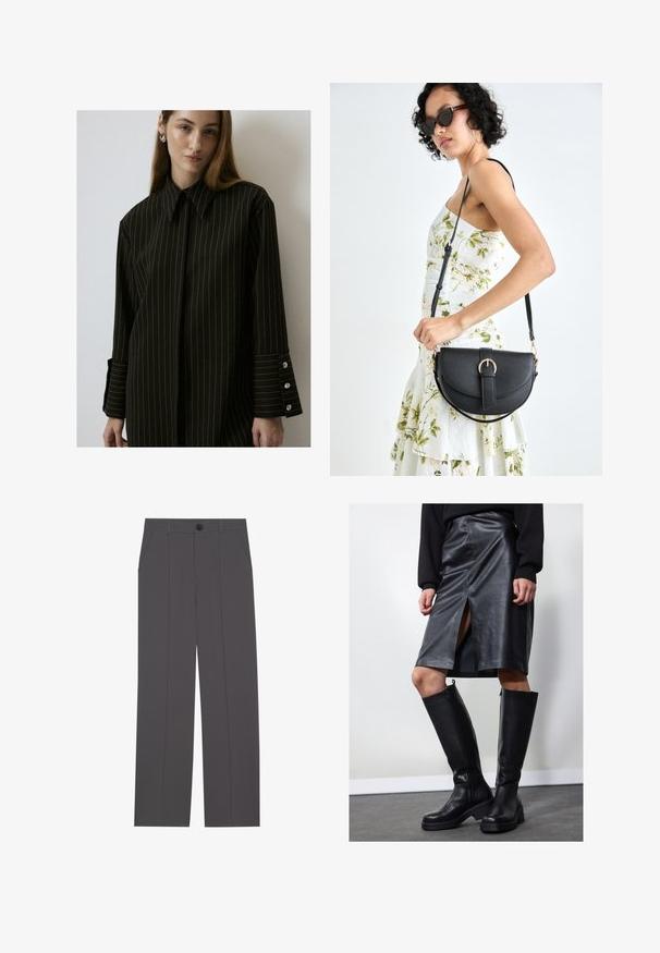 Camisa de rayas negras, con cuello estructurado, mangas largas, puños abotonados con tres botones, tela suave. Diseño limpio y a medida.; Pantalones grises con un diseño de pierna recta, que cuentan con dos bolsillos laterales y un cierre de botón. Tejido suave sin patrones o acentos visibles.; Falda lápiz de cuero negro con abertura frontal, combinada con botas negras hasta la rodilla con cremalleras y suela gruesa para mayor altura.; Bolso de piel negra con forma curva, correa desmontable y herrajes dorados. El bolso cuenta con una solapa con un detalle de hebilla.