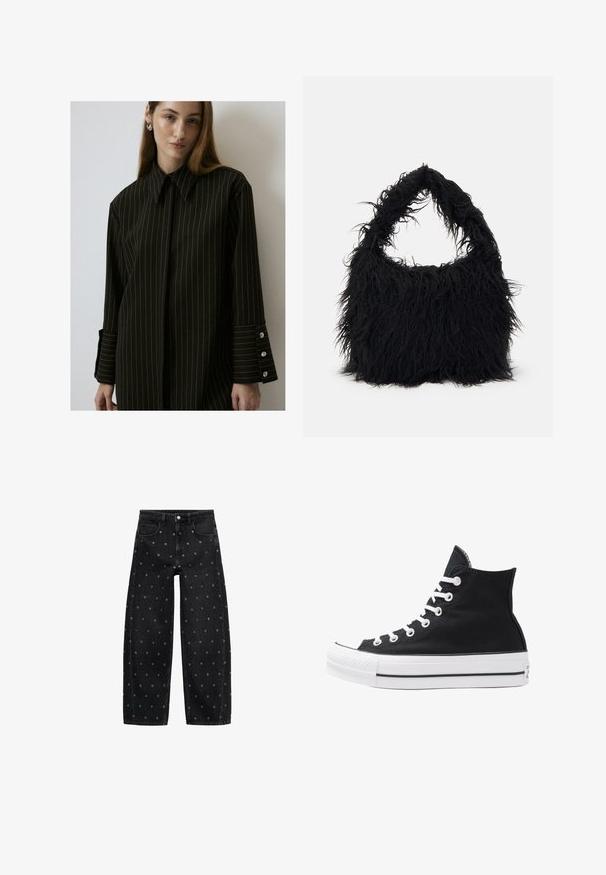 Sort skjorte med striber, struktureret krave, lange ærmer, knappede manchetter med tre knapper, glat stof. Renset, skræddersyet design.; Sorte denim bredbuks med et mønster af små sølvøjer, med et klassisk fem-lomme design og knaplukning foran.; Højtop sort lærredssko med hvide øjetter, snørebånd og gummisål. Har en tekstureret tåhætte og sorte og hvide stribe-accenter.; Even&Odd Shopping bags - black