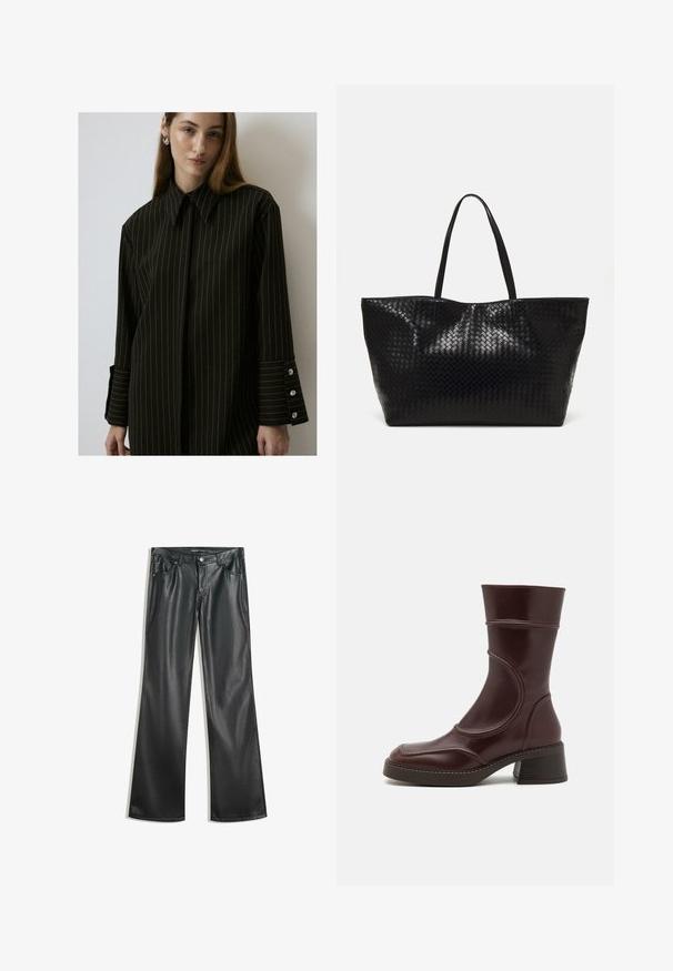 Black pinstripe shirt, structured collar, long sleeves, buttoned cuffs with three buttons, smooth fabric. Clean, tailored design.; Black faux leather flared pants with a smooth texture, five-pocket design, front zipper, and contrasting stitching.; MIISTA MALENE - Classic ankle boots - brown; Black woven tote bag with two sturdy handles, featuring a glossy texture and a spacious open top design.