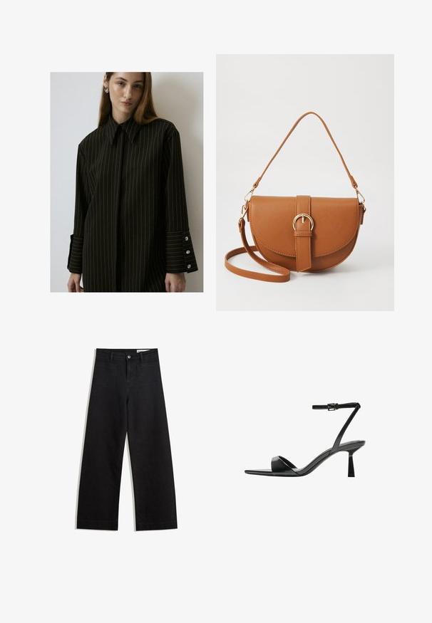 Svart randig skjorta, strukturerad krage, långa ärmar, knappade manschetter med tre knappar, slät tyg. Ren, skräddarsydd design.; Svarta vida denimbyxor med hög midja, med fram- och bakfickor, sydda sömmar och knappstängning. Slät textur.; Bershka Sandaletter - black; Brun läder crossbody-väska med en böjd form, gyllene detaljer och en spänneaccent. Har en avtagbar axelrem.