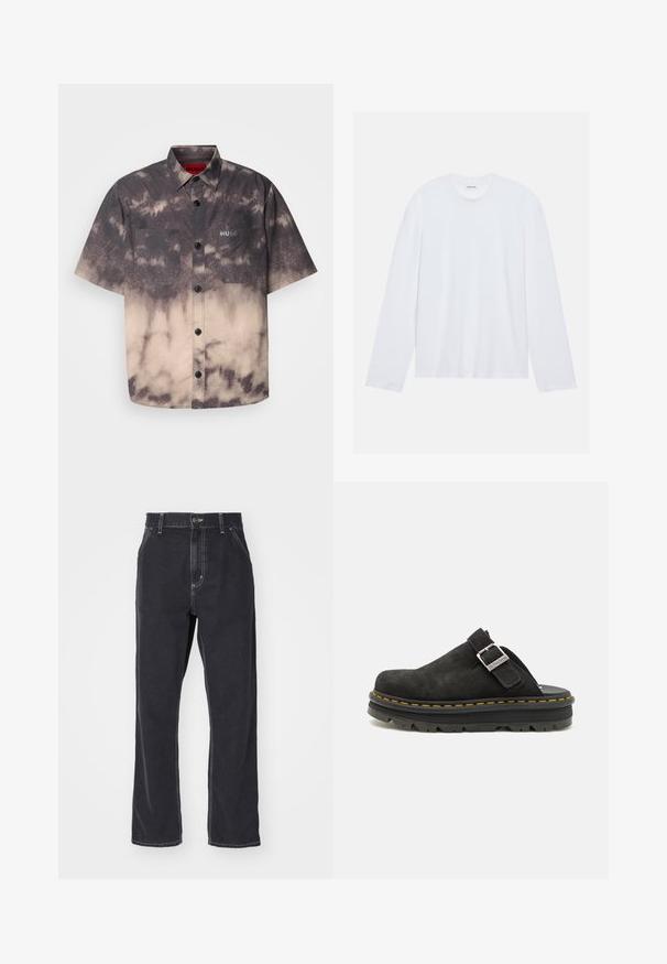 HUGO ERATINO - Marškiniai - medium brown; Baltas ilgas rankovės marškinėliai pagaminti iš medvilnės. Turi klasikinį apvalų kaklą ir nuleistus pečių siūlus, su lygiu, vientisu paviršiumi.; Juodas džinsinis kelnių modelis su tiesiomis kojomis, turintis užtrauktuką, penkias kišenes ir kontrastingą siuvinėjimą siūlėse.; Juodas zomšinis klumpes su reguliuojama dirželiu, turinčios storesnį juodą gumos padu ir kontrastingą geltoną siūlę aplink kraštą.