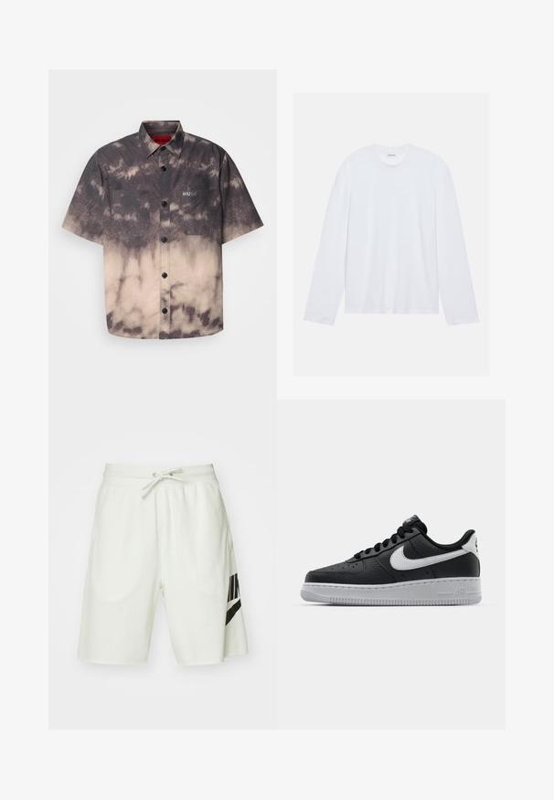 HUGO ERATINO brązowy; Biała longsleeve z bawełny. Posiada klasyczny okrągły dekolt oraz opadające szwy na ramionach, z gładką, jednolitą fakturą.; Jasnoszare bawełniane szorty z elastycznym paskiem w talii, regulowanym sznurkiem i czarnym logo Nike po lewej stronie.; Czarne skórzane trampki o teksturowanej powierzchni, białe logo Nike, szara podeszwa, okrągły czubek i sznurowany design. Posiada perforacje na nosku.