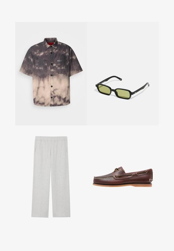 HUGO ERATINO - Skjorta - medium brown; Ljusgrå, vida sweatpants gjorda av mjukt tyg. Har resårmidja och sidofickor. Slät textur med en ren design.; Bruna läderskärgårdsskor med vit sömnad, bruna snören och en tan gummisula. Har en logotyp på sidan och metallöglor för snörena.; Svarta solglasögon med en vinkelräknad design, grönt tonade linser och släta plastbågar. Har guldfärgade detaljer vid bågarna.