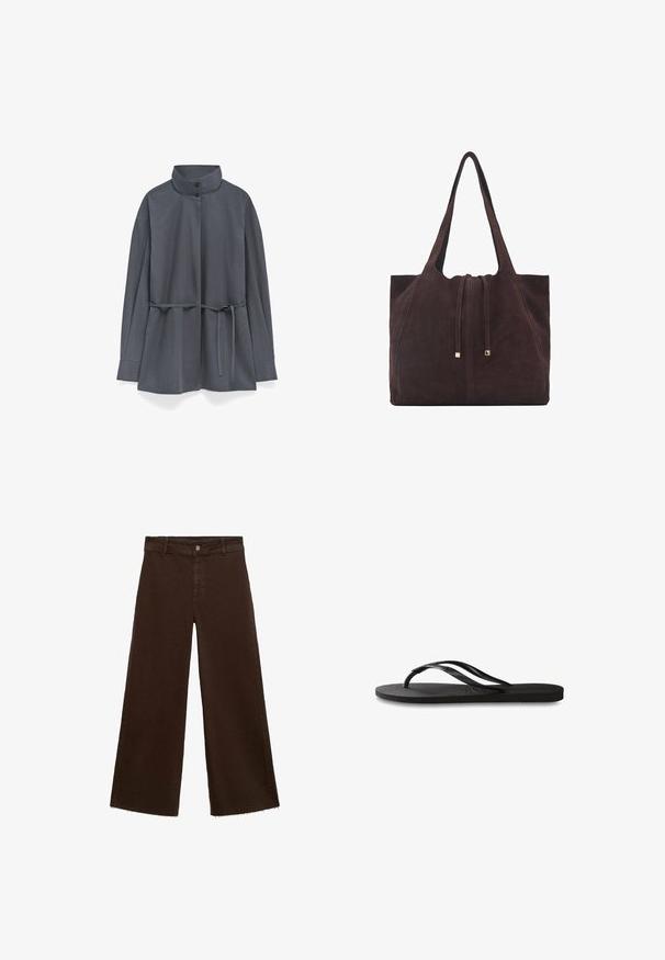 Donkergrijze langemouwenjas met hoge kraag, twee knopen en een strikceintuur in de taille, weergegeven op een witte achtergrond.; Bruine wijde broek in katoenmix, met een rafelige zoom, sluiting met een knoop aan de voorkant en een klassieke vijf-pocketstijl. Minimalistisch en veelzijdig.; Zwarte flip-flop met een gestructureerde rubberen zool, twee slanke banden en een subtiele, ingedrukte logo-detail op de band.; Mango Shopper - dark brown