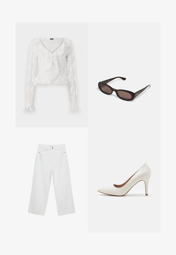 Blusa bianca in pizzo con maniche lunghe, scollo a V, dettaglio a volant e chiusura a fiocco sul davanti. Tessuto trasparente con accenti floreali.; Jeans bianchi a gamba larga realizzati in denim con vita alta, dotati di cinque tasche e dettagli in metallo. Texture liscia, senza motivi visibili.; Scarpa con tacco alto in pelle verniciata bianca, con punta affilata e superficie liscia, caratterizzata da un tacco sottile e un'apertura bassa.; Occhiali da sole tartarugati con lenti ovali, vetro color marrone e marchio "vogue" in metallo sulle tempie. Montature in plastica liscia.; Wristlet Michael Kors in tela rivestita beige con motivo a logo MK ripetuto, hardware dorato e tracolla a catena staccabile.