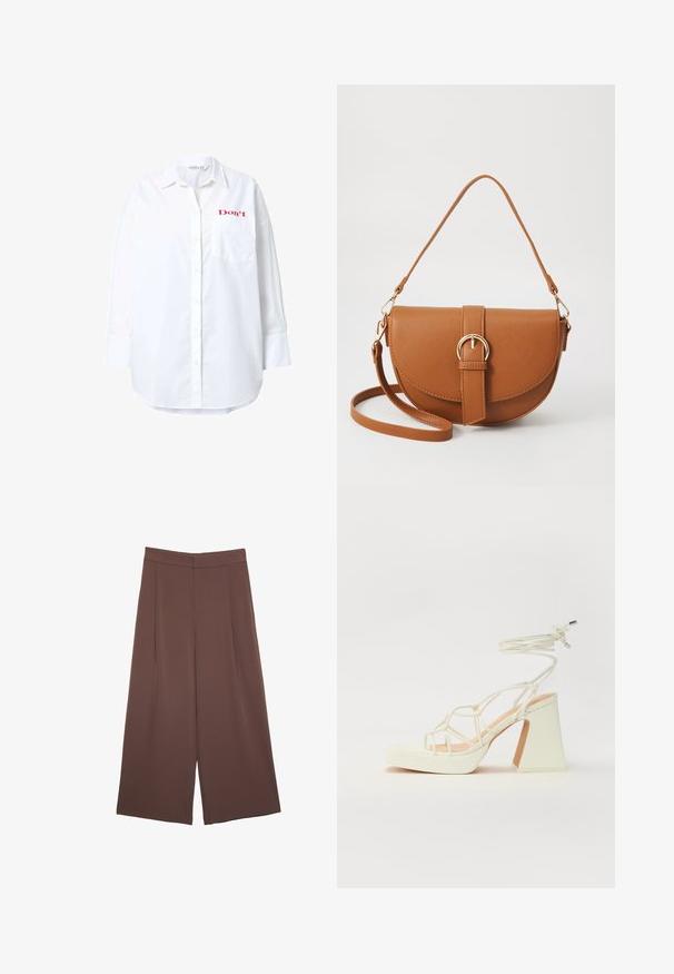 Chemise blanche à manches longues en coton, avec un design à boutons, une poche poitrine et le texte rouge "Don't" brodé en haut à gauche.; Pantalons larges marron avec une texture lisse, dotés d'une taille haute et de plis à l'avant. Le tissu est léger et tombe de manière fluide.; Sandale blanche à talons hauts avec un talon épais, présentant un design à lanières et un lien autour de la cheville. Texture lisse avec une plateforme à l'avant pour une hauteur supplémentaire.; Sac bandoulière en cuir marron avec une forme incurvée, quincaillerie dorée et un accent en boucle. Comprend une bandoulière détachable.