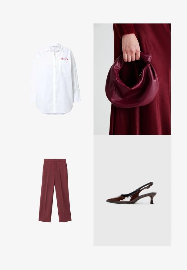 Camicia bianca a maniche lunghe in cotone, con design a bottoni, taschino sul petto e la scritta rossa "Don't" ricamata in alto a sinistra.; Pantaloni larghi bordeaux con una texture liscia, caratterizzati da tasche laterali e una vita alta. Rifiniti con una piega frontale pulita.; Scarpa slingback in pelle verniciata marrone con punta affusolata e tacco moderato. Presenta una fascia con fibbia per una calzata sicura. Tessuto liscio.; Borsa in pelle bordeaux con un design morbido e arricciato e una forma arrotondata. Il manico è fissato, mostrando una texture liscia.