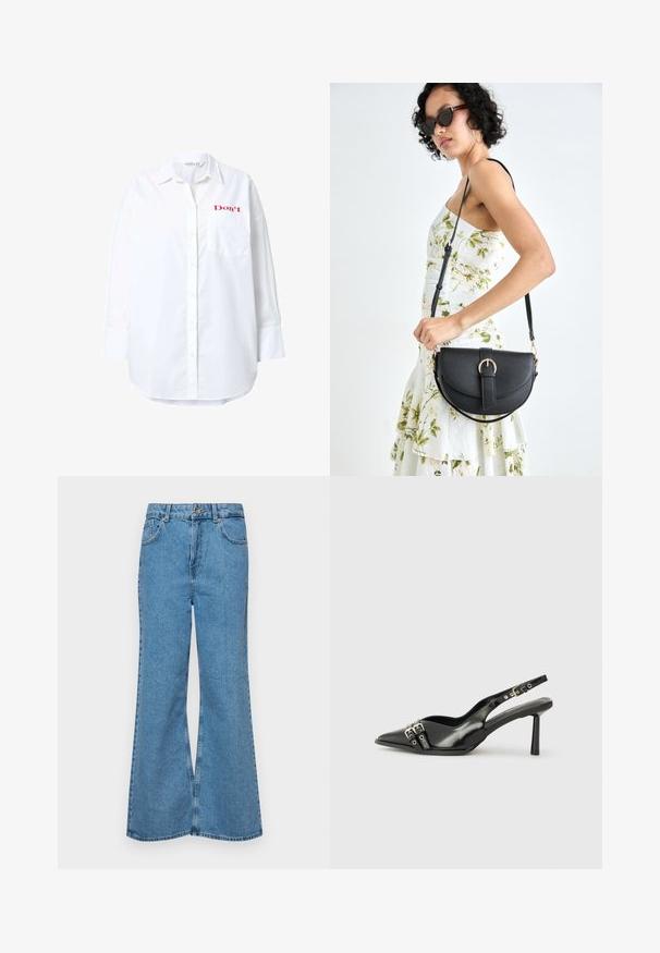 Witte lange mouwen shirt van katoen, met een knoopsluiting, een borstzak en rode tekst "Don't" geborduurd op de bovenste linkerkant.; Lichtblauwe flared jeans van denim, met een hoge taille, vijf zakken en een enkele knoopsluiting. Zachte textuur met een vervaagde afwerking.; Zwarte gepolijste leren slingback schoenen met een puntige neus, enkelbandjes met zilveren gespen en hardware, en een slanke hak.; Zwarte leren handtas met een gebogen vorm, afneembare schouderband en gouden hardware. De tas heeft een klep met een gespsluiting.
