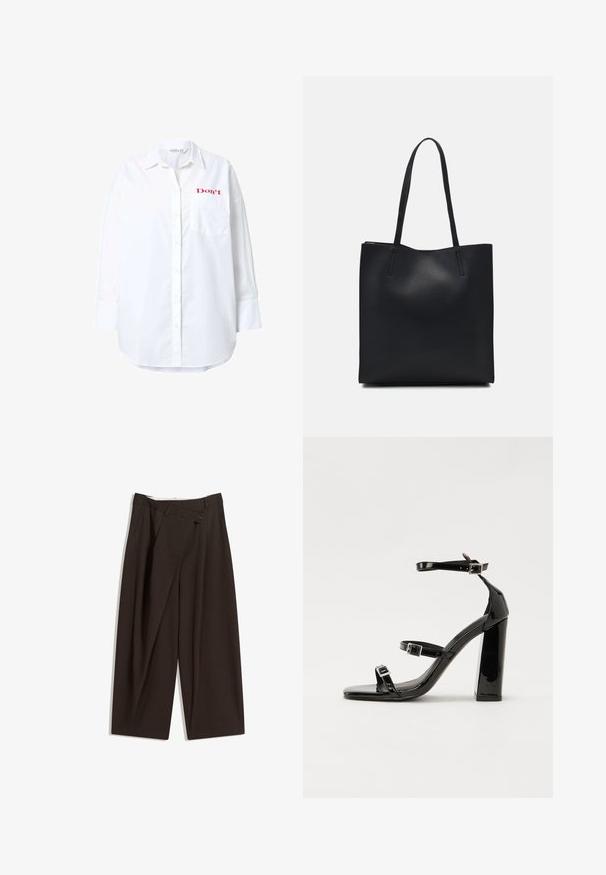 Camicia bianca a maniche lunghe in cotone, con design a bottoni, taschino sul petto e la scritta rossa "Don't" ricamata in alto a sinistra.; Pantaloni a gamba larga marrone scuro con vita alta, dotati di una chiusura con bottone singolo e una parte anteriore plissettata. Realizzati in tessuto leggero.; Sandali con tacco in vernice nera, con punta squadrata, cinturini alla caviglia e fibbie in argento. Presentano un tacco a blocco spesso per maggiore stabilità.; Borsa tote in pelle nera con texture liscia, forma rettangolare e due manici lunghi. Nessun hardware o decorazione visibile.