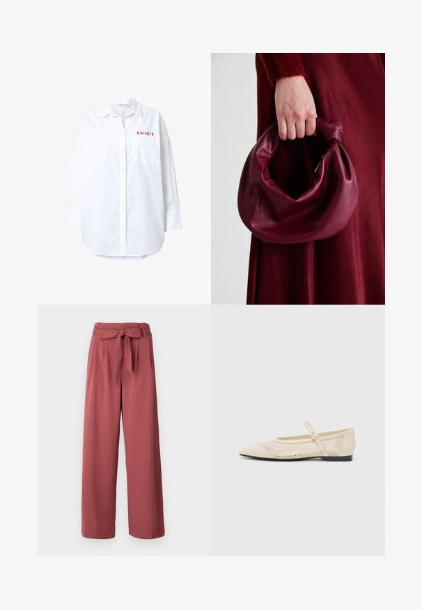 Weißes Langarmhemd aus Baumwolle mit Knopfleiste, einer Brusttasche und rotem Text "Don't" auf der oberen linken Seite gestickt.; Weite Hose in einem staubigen Rosaton, aus einem weichen Stoff, mit einem gebundenen Gürtel in der Taille und seitlichen Taschen.; Beige Ballerinas mit spitzem Zeh, einer Überlagerung aus Netzdesign und einem seitlichen Schnallenriemen. Flache Sohle mit glatter Textur.; Burgunderleder-Handtasche mit einem weichen, gerafften Design und einer gerundeten Form. Der Griff ist gesichert und zeigt eine glatte Textur.