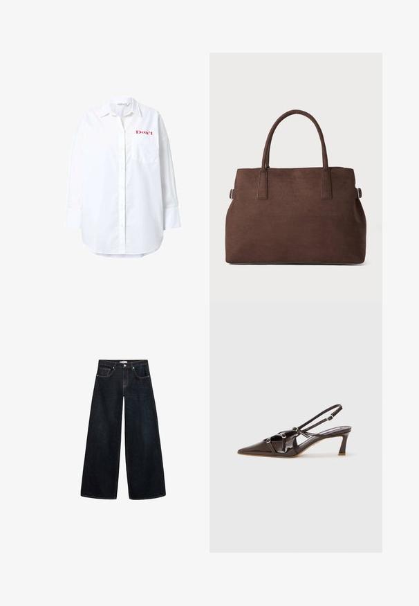Weißes Langarmhemd aus Baumwolle mit Knopfleiste, einer Brusttasche und rotem Text "Don't" auf der oberen linken Seite gestickt.; Weite, dunkelblaue Jeans mit hoch sitzendem Bund, kontrastierenden Nähten, Vorderentaschen und einem minimalistischen Design.; Braune Lacklederslingback mit spitzem Schuhspitzen, verstellbaren Riemen und dekorativen Schnallen an der Vorderseite. 3 Zoll Absatzhöhe.; Braune Fake-Suede-Tote-Tasche mit zwei stabilen Griffen, einer strukturierten Form und minimalistischem Design, das subtile Stickakzente aufweist.