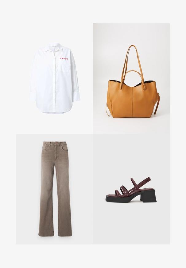 Hvid langærmet skjorte lavet af bomuld, med en knaplukning, en brystlomme og rød tekst "Don't" broderet på øverste venstre side.; Brune højtaljede straight-leg jeans med frontknap, bælteløkker og klassisk fem-lomme design på en hvid baggrund.; Vagabond HENNIE - Mules med hæl - cherry; Tan læder tote taske med en tekstureret overflade, bred åbning og to lange håndtag. Har et enkelt design og minimal hardware.