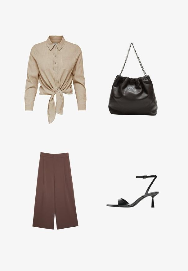 Brun och krämrandig button-up skjorta med knyt framtill, krage och långa ärmar. Har en bröstficka och metallknappar.; Bruna vida byxor med en slät textur, som har hög midja och framfickor. Tyget är lätt och flödar löst.; Bershka Sandaletter - black; Brun läderväska med rynkad topp och kedjesnodd. Slät textur med en blankslipad yta och subtila sömdetaljer på sidorna.