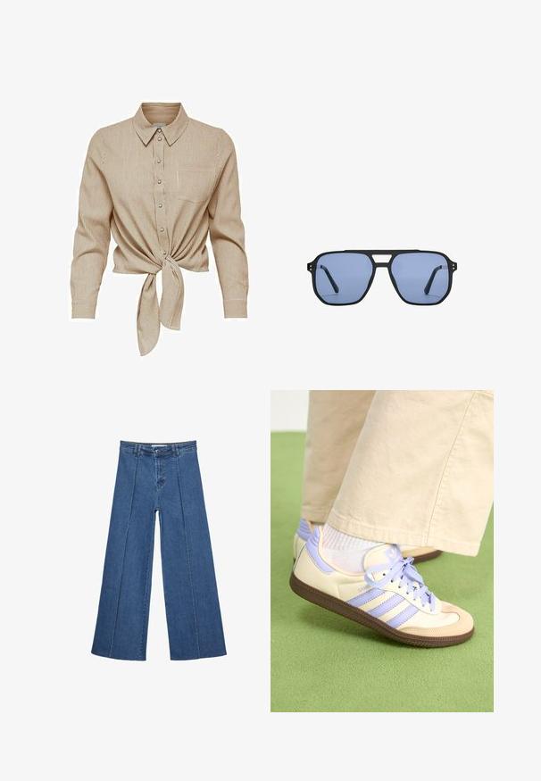 Braun und creme gestreifte Hemd mit Knopfleiste, einer Krawattenfront, einem Kragen und langen Ärmeln. Verfügt über eine Brusttasche und metallische Knöpfe.; Weite Jeans aus Denim in Mittelblau, mit hoher Taille, Knopfverschluss und kontrastierenden vertikalen Nahtdetails an der Vorderseite.; Cremefarbene und lavendelfarbene Sneakers mit drei Streifen und einer strukturierten braunen Sohle, ausgestattet mit Schnürsenkeln und einer gepolsterten Ferse. Obermaterial aus weichem Stoff.; Stradivarius RETRO - Sonnenbrille - light blue