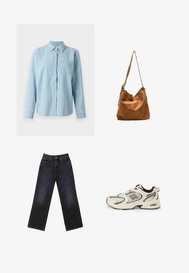 Lys blå denimskjorte med lange ærmer, knaplukning foran og brystlomme. Fint hvidt blomstermotiv broderet over stoffet.; Højtaljede sorte denim jeans med en bred benklip, fem-lomme design og synlig syning. Stoffet har en glat, let tekstureret finish.; Hvide og brune atletiske sko med mesh-overdel, buet design, polstret sål og "N" logo på siden. Holdbar gummi ydersål.; Brun ruskinds skuldertaske med en blød tekstur, buet topkant og en lang rem med dekorative metalnitter.