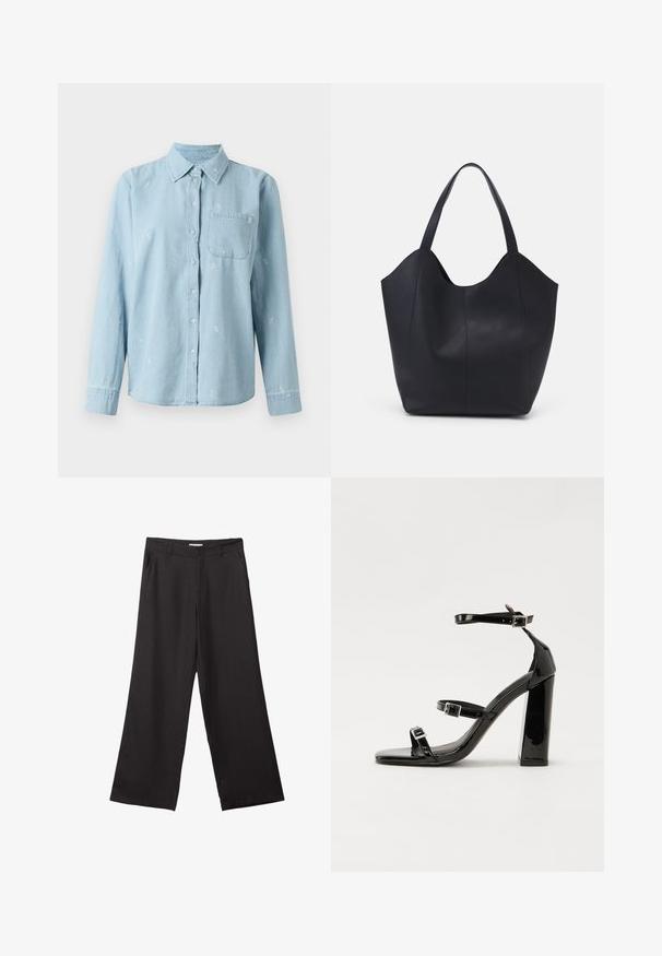 Lys blå denimskjorte med lange ærmer, knaplukning foran og brystlomme. Fint hvidt blomstermotiv broderet over stoffet.; Sorte bukser med vidde, lavet af glat stof, med en frontlynlås og to sidelommer, i en skræddersyet pasform og minimalistisk design.; Sorte patenterede hælsandaler med firkantet tå, ankelremme og sølvspænder. Har en chunky blokHæl for stabilitet.; Sort tote taske lavet af glat læder, med en buet, åben top, to skulderstropper og et minimalistisk design.