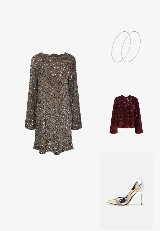 Burgundy palietetop med lange ærmer, rund halsudskæring og en satin-sløjfe detalje bagpå. Glat tekstur med paletter over det hele.; Langærmet kjole med en brun stof dækket af sølvfarvede palietter, med rund halsudskæring og en sløjfedetail på ryggen. Reflekterende og struktureret overflade.; Spidse højhælede sko med et farveskema i sølv, guld og nude. Blank finish med udskæringsdesign, der har en stilletto hæl.; Sølvmetallic pose med en blød, rund form og en knyttet lukning foroven. Fremstillet af glat faux lædermateriale.; Sølvøreringe med et minimalistisk design. Cirkulær form, glat tekstur og tynd profil. Letvægtige med en poleret overflade.