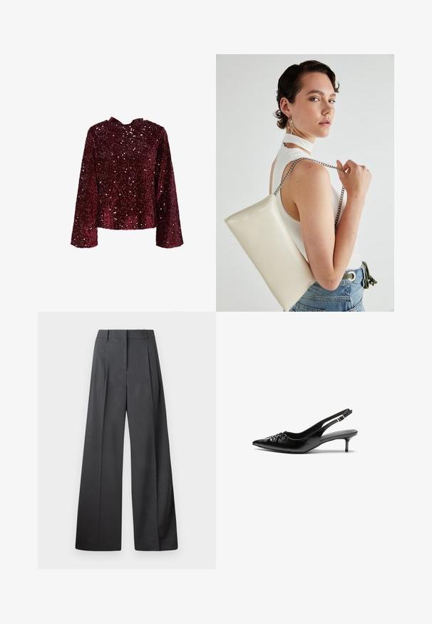 Top bordeaux in paillettes con maniche lunghe, scollatura rotonda e un dettaglio a fiocco in satin sul retro. Texture lucida con paillettes su tutta la superficie.; Pantaloni a gamba larga in tessuto grigio scuro, con vita alta, pieghe singole e una texture liscia con una finitura pulita sui orli.; Tacchi slingback in pelle nera con punta affusolata, piccolo tacco kitten e un dettaglio a nodo decorativo sulla parte anteriore. Texture liscia su tutta la superficie.; Borsa a pochette rettangolare bianca realizzata in materiale lucido, con una tracolla in catena argentata. Il modello posa, mostrando la borsa su uno sfondo semplice.