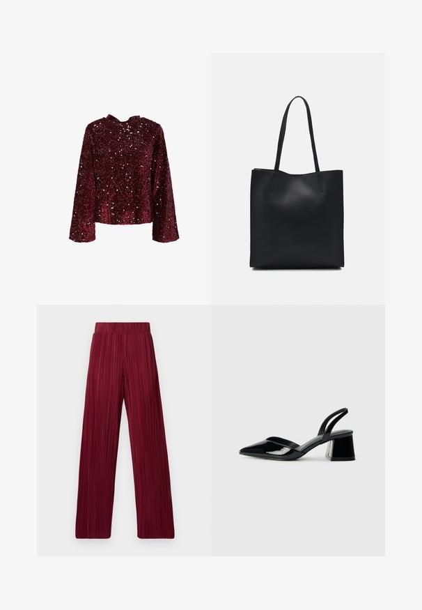 Bordo paauksuotas viršus su ilgomis rankovėmis, apvalia iškirpte ir satino juostele nugaroje. Blizgus paviršius su visur išsiuvinėtais paauksuotais detaliais.; Bordo klostyti plačios kojos ilginti kelnių su elastinga juosta. Tekstūruotas audinys su vertikaliomis juostomis. Tiesus kirpimas iki apvado.; Juodos lakuotos odinės šlepetės su smailiu pirštu ir geometriniu bloko kulnu. Turi elegantišką, minimalistinį dizainą ir lygų paviršių.; Juodas odinis tote krepšys su lygia tekstūra, stačiakampio formos ir dviem ilgais rankenomis. Matomų metalinių detalių ar puošybos nėra.