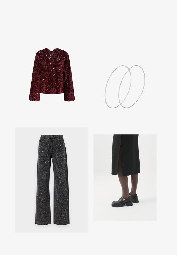 Top bordeaux in paillettes con maniche lunghe, scollatura rotonda e un dettaglio a fiocco in satin sul retro. Texture lucida con paillettes su tutta la superficie.; Noisy May NMJANNEL LOOSE - Jeans baggy - black denim; Scarpe in pelle nera con punta arrotondata, tacco spesso a blocco e accenti laterali in elastico, abbinate a collant scuri e una gonna nera con uno spacco.; Orecchini a cerchio in argento con un design minimalista. Forma circolare, superficie liscia e profilo sottile. Leggeri con una finitura lucida.