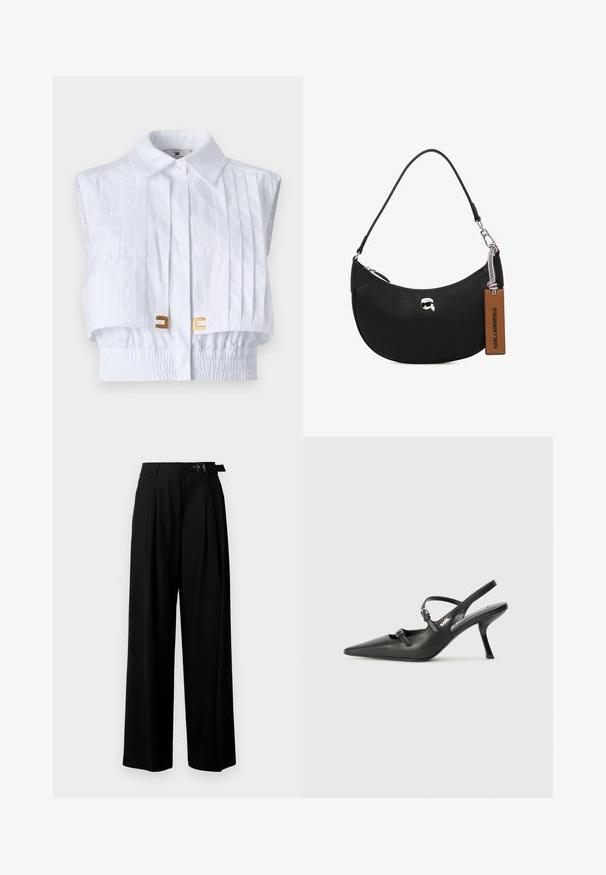 Camicetta bianca crop con colletto a punta, parte anteriore plissettata, vita elasticizzata e dettagli in metallo dorato. Texture liscia, design senza maniche.; Pantaloni neri a gamba larga con vita alta, pieghe nella parte anteriore e una cintura con fibbia. Realizzati in tessuto liscio e leggero.; Scarpe slingback nere in pelle con punta affilata, tacco sottile e dettaglio decorativo a fibbia sulla tomaia. Texture liscia e design elegante.; Borsa a tracolla nera in pelle con texture martellata, forma curva, chiusura superiore con zip, hardware color argento e un'etichetta marrone. Presenta un accento con logo.