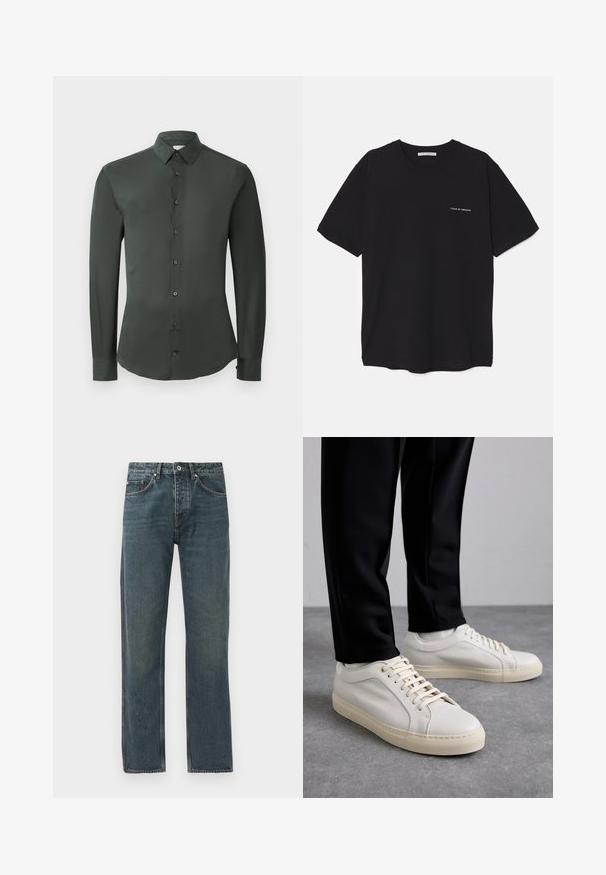 Dark green long-sleeve shirt with a classic collar, front button closure, and smooth fabric texture. Features buttoned cuffs and a tailored fit.; Black cotton T-shirt with a crew neck, short sleeves, and a white logo print on the left chest. Simple, solid color design.; Dark blue denim jeans with a straight leg design, featuring five pockets, a button closure, and contrasting stitching details.; Light beige leather sneakers with flat laces, a textured surface, and a contrasting cream-colored rubber sole, paired with black tapered pants.