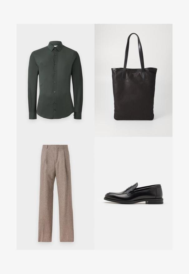Sötétzöld, hosszú ujjú ing klasszikus gallérral, elülső gombos záródással és sima szövet textúrával. Gombos mandzsettákkal és testhez álló fitted szabással rendelkezik.; Barna, magas derekú nadrág texturált anyagból. Széles szárai és két elülső redője biztosítja a struktúrát. Ízléses kivitel, látható fémszerelés nélkül.; Fekete bőr loaferek sima textúrával, kerek orral és dekoratív pánttal a vampnál. Alacsony, rétegelt sarkú, minimalista dizájn.; Fekete vászontáska fekete bőr füllel. Egyszerű dizájn, tágas test és sima textúra. Nincsenek látható logók vagy minták.