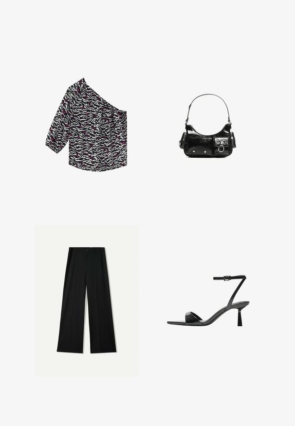 Über die Schulter hinausgehendes Oberteil aus leichtem Stoff. Schwarz-weißes Zebra-Muster mit pinken Akzenten. Besitzt Dreiviertelärmel und einen lockeren Schnitt.; Bershka WIDE - Stoffhose - black; Bershka High Heel Sandalette - black; Schwarze Lackleder-Handtasche mit geschwungenem Design, einem Schulterriemen, Vordertaschen und silberfarbenen Hardware-Akzenten.