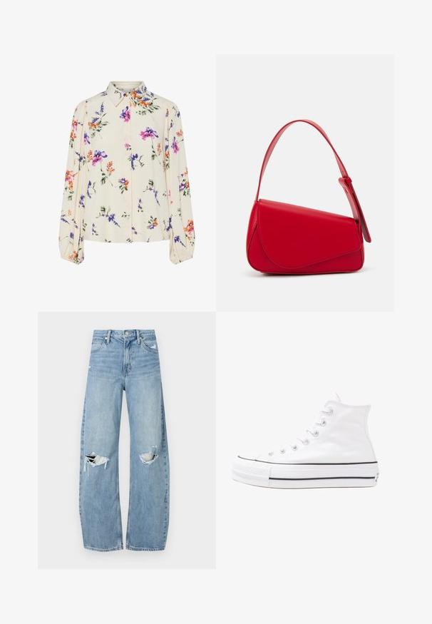 Blusa floral com mangas bufantes longas, base de creme claro, apresentando padrões florais em roxo, laranja e verde, e design de gola clássica.; Jeans de lavagem clara, de cintura alta, feitos de denim. Apresentam pernas largas, duas áreas rasgadas nos joelhos e o estilo clássico de cinco bolsos.; Sapatilha alta de tela branca com sola de borracha preta, bico de borracha na frente e seis ilhós para os atacadores, apresentando um design limpo e minimalista.; Bolsa de mão em couro vermelho com um design angular e geométrico. Apresenta uma única alça ajustável e um fecho com aba, com detalhes cosidos.