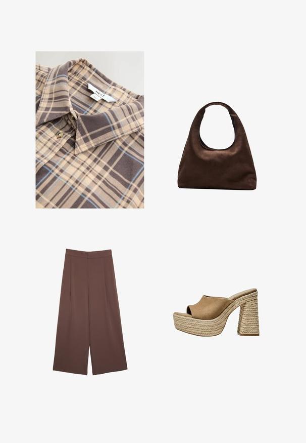 Karierte beige Hemd mit braunen und blauen Plaids, Kragen und Knopfverschluss. Hergestellt aus weichem Stoff mit glatter Textur.; Braune Weite-Leg-Hosen mit einer glatten Textur, hoher Taille und Vorderfalten. Der Stoff ist leicht und fällt locker.; Braune Wildleder-Plateau-Sandalen mit offenem Zeh, ausgestattet mit einem chunky geflochtenen Jute-Absatz und einem glatten, abgerundeten Oberdesign.; Weiche braune Hobo-Stil Handtasche mit einem einzigen breiten Trageriemen und einer geschwungenen Oberteilöffnung, auf einem weißen Hintergrund präsentiert.
