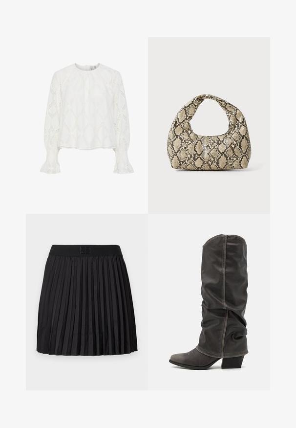 Balta bluzelė su tekstūruotu deimanto raštu ir pūstomis rankovėmis su susiraukšlėmis. Apvalus iškirptės modelis; lengvas, kvėpuojantis audinys.; Juoda klostuota sijonas su glotnia tekstūra, turintis tvirtą juodą juosmenį ir iškilnų logotipo detalę priekyje.; Pilki odiniai batas iki blauzdų, su laisvu dizainu, smailiu pirštu ir pastatytu kulnu. Išskirtiniai siuvimo detalės ant pirštų srities.; Gyvatės rašto rankinė su kreiviu rankenėle. Pagaminta iš tekstūruotų smėlio ir rudos spalvos medžiagų, su išskirtiniu rombo raštu.