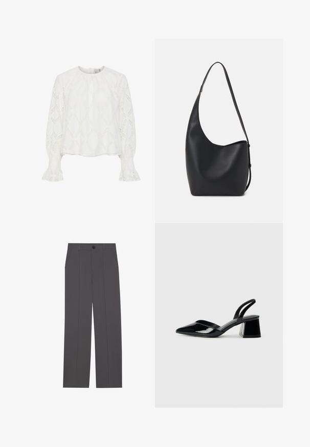 White blouse featuring a textured diamond pattern and puffed sleeves with smocked cuffs. Round neckline; lightweight, breathable fabric.; Grey trousers with a straight leg design, featuring two side pockets and a button closure. Smooth fabric with no visible patterns or accents.; Black patent leather slingback heels with a pointed toe and a geometric block heel. Features a sleek, minimal design and smooth texture.; Black leather hobo bag with a smooth texture, curved shape, and single adjustable strap; features a wide opening at the top.