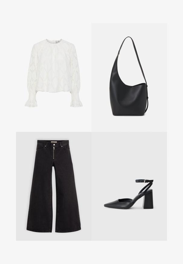 Valge pluus, millel on tekstuuriga teemantimuster ja volangkäised smock-käevarrastes. Ümmargune kaelus; kerge ja hingav kangas.; Laiad teksad mustast denimist, millel on lukuga eesmine osa, viie taskuga disain ja peened õmblusdetailid. Sile tekstuur ja juhuslik stiil.; Mustmustest must-käigukingad, millel on konksuga nöör ja paks konts. Ühtlane tekstuur, stiilne disain ja minimalistlik esteetika.; Mustast nahast hobo kott, millel on sile tekstuur, kumer kuju ja üks reguleeritav rihm; peal on lai avaus.