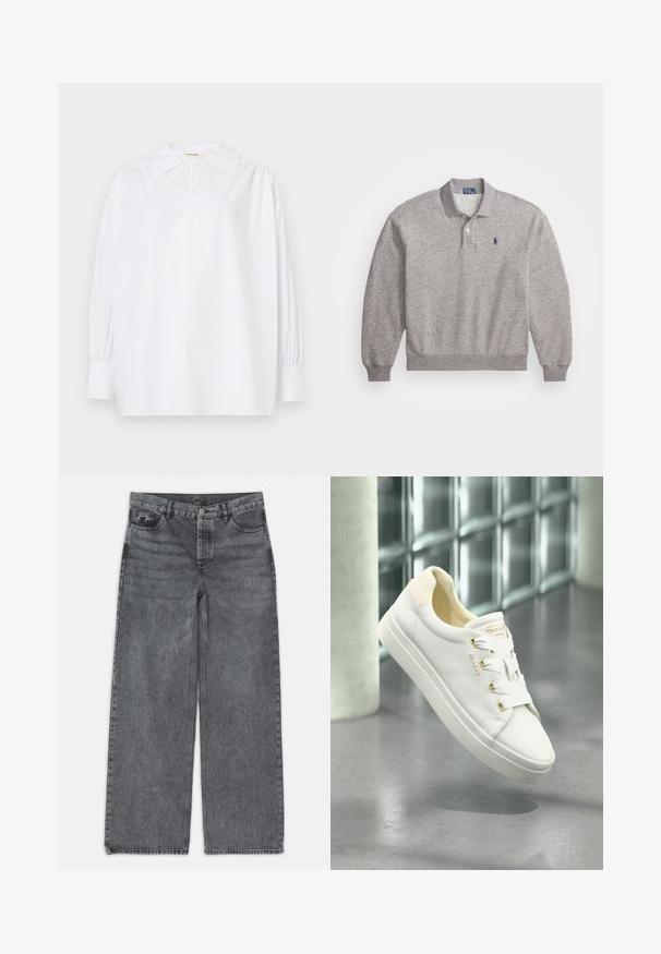 White long-sleeve blouse with a pointed collar, gathered shoulders, buttoned cuffs, and a small button at the neckline.; Gray polo sweater made from cotton blend, featuring long sleeves, a collar, two-button placket, and a small logo embroidered on the chest.; Wide-leg jeans in dark gray denim. Features a high waist, five-pocket design, and front button closure. Smooth texture with subtle fading.; White leather sneakers with a smooth texture, round toe, and flat sole. Features gold accents and white laces for secure fastening.