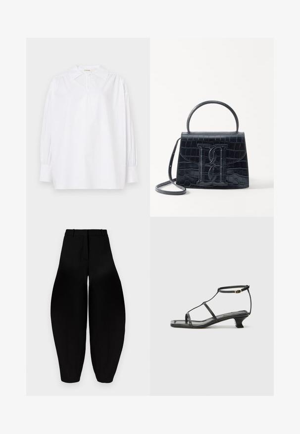 Biela blúzka s dlhým rukávom, špičatým golierom, nazberanými ramenami, zapínaním na manžetách a malým gombíkom pri výstrihu.; Čierne široké nohavice s vysokým pásom, skladaným predným dielom a užšími členkami. Vyrobené z hladkej látky s matným povrchom.; Čierna kožená sandála so štvorcovou špičkou, tenkými popruhmi, nastaviteľným pásikom okolo členka a nízkym podpätkom. Obsahuje malý zlatý akcent na popruhu.; Čierna kabelka z krokodílovej embosovanej kože so štruktúrovaným dizajnom, horným uchom, nastaviteľným popruhom a výrazným predným logom.